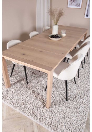 VENTURE DESIGN Slider spisebordsst, m. 6 stole - hvidvasket egefiner/eg og beige fljl/sort metal