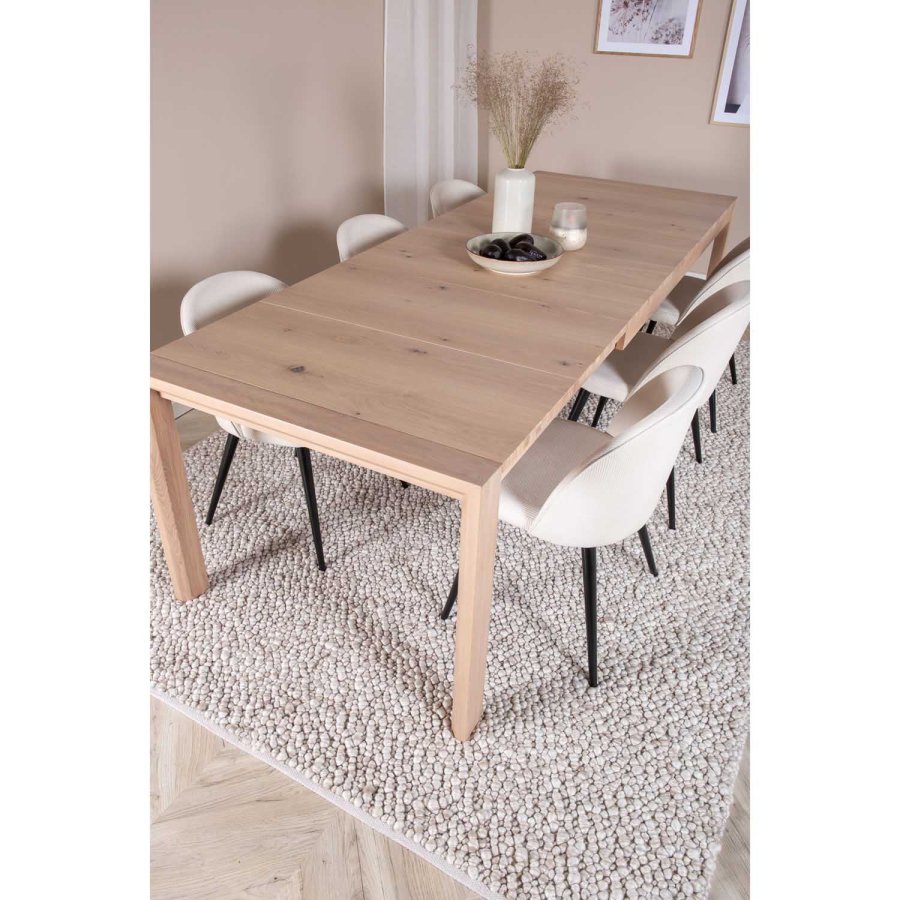 VENTURE DESIGN Slider spisebordsst, m. 6 stole - hvidvasket egefiner/eg og beige fljl/sort metal