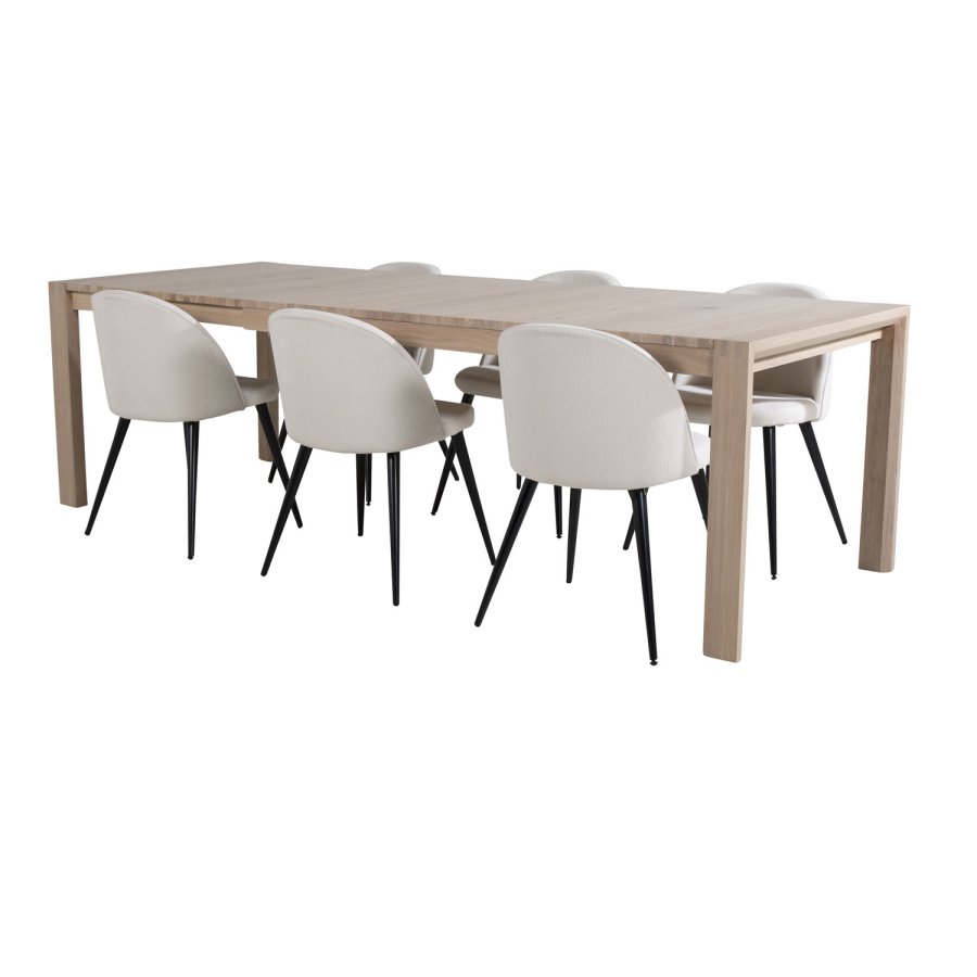 VENTURE DESIGN Slider spisebordsst, m. 6 stole - hvidvasket egefiner/eg og beige fljl/sort metal