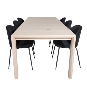 VENTURE DESIGN Slider spisebordsst, m. 6 stole - hvidvasket egefiner/eg og sort fljl/sort metal