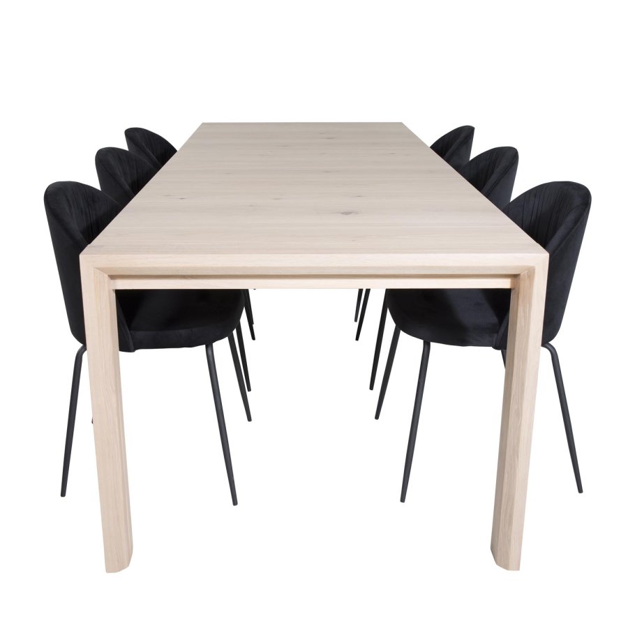VENTURE DESIGN Slider spisebordsst, m. 6 stole - hvidvasket egefiner/eg og sort fljl/sort metal