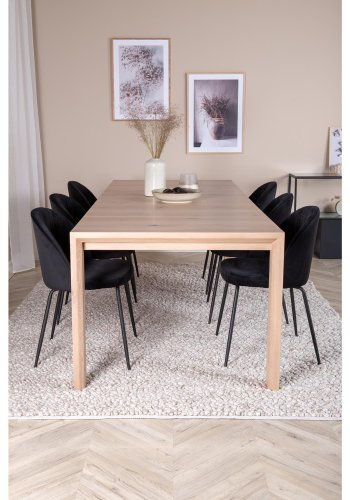 VENTURE DESIGN Slider spisebordsst, m. 6 stole - hvidvasket egefiner/eg og sort fljl/sort metal