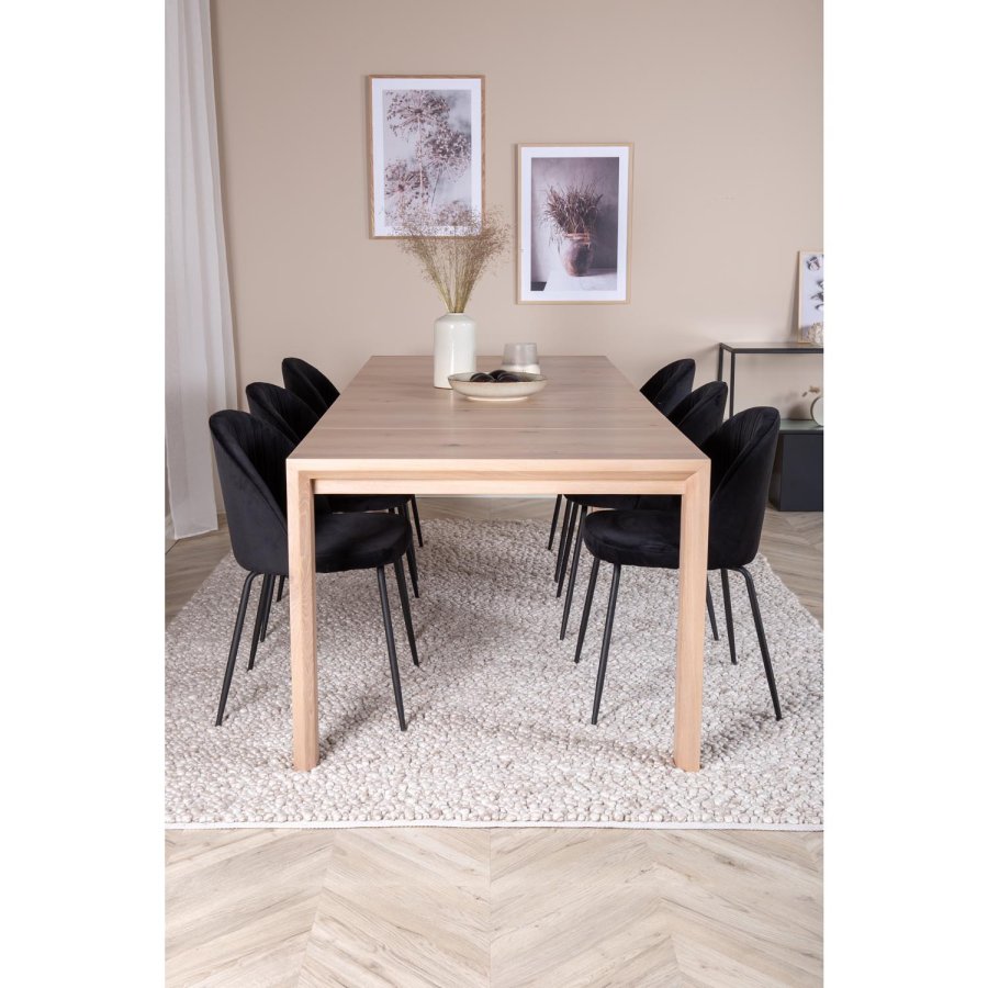 VENTURE DESIGN Slider spisebordsst, m. 6 stole - hvidvasket egefiner/eg og sort fljl/sort metal