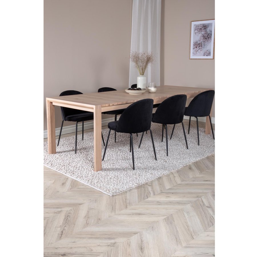 VENTURE DESIGN Slider spisebordsst, m. 6 stole - hvidvasket egefiner/eg og sort fljl/sort metal