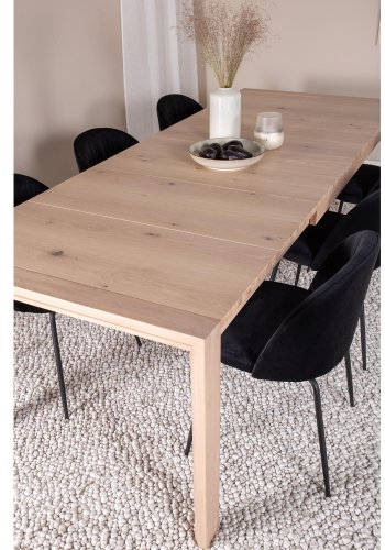 VENTURE DESIGN Slider spisebordsst, m. 6 stole - hvidvasket egefiner/eg og sort fljl/sort metal