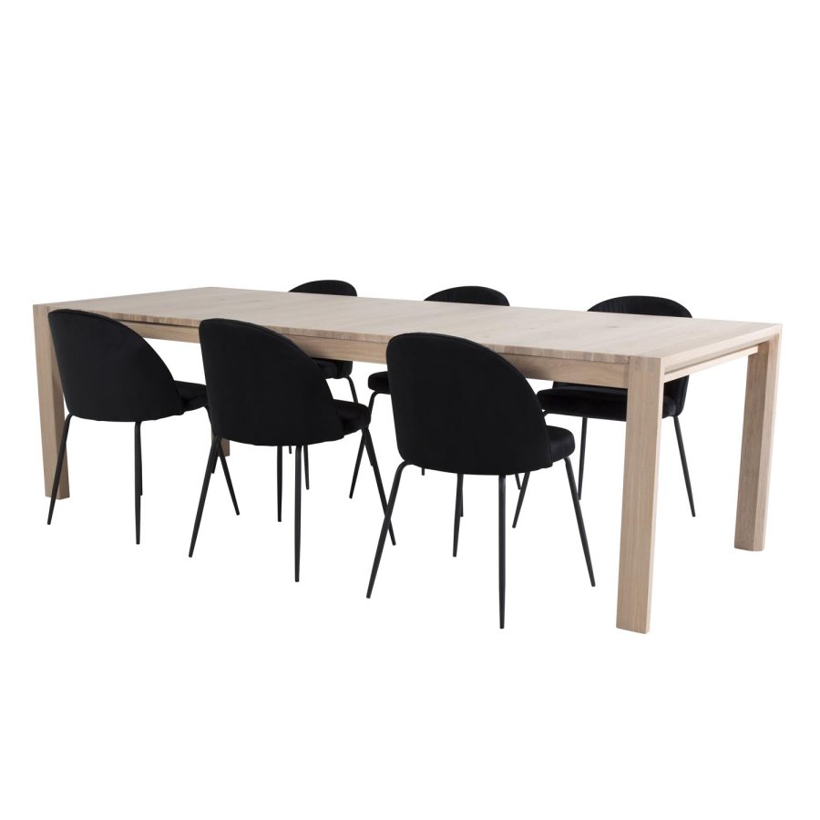 VENTURE DESIGN Slider spisebordsst, m. 6 stole - hvidvasket egefiner/eg og sort fljl/sort metal