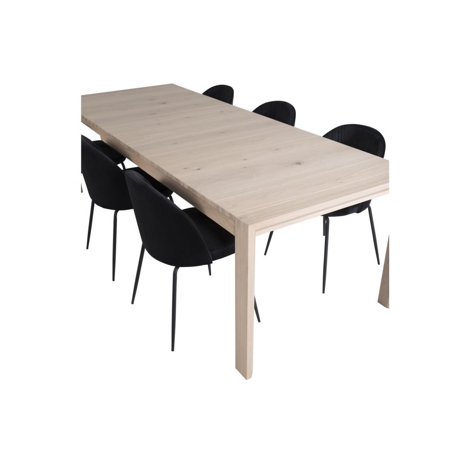 VENTURE DESIGN Slider spisebordsst, m. 6 stole - hvidvasket egefiner/eg og sort fljl/sort metal