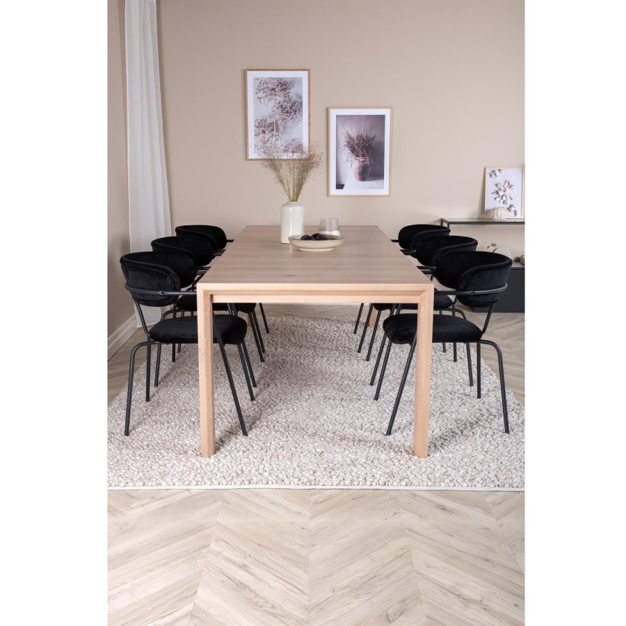 VENTURE DESIGN Slider spisebordsst, m. 6 stole - hvidvasket egefiner/eg og sort fljl/sort metal