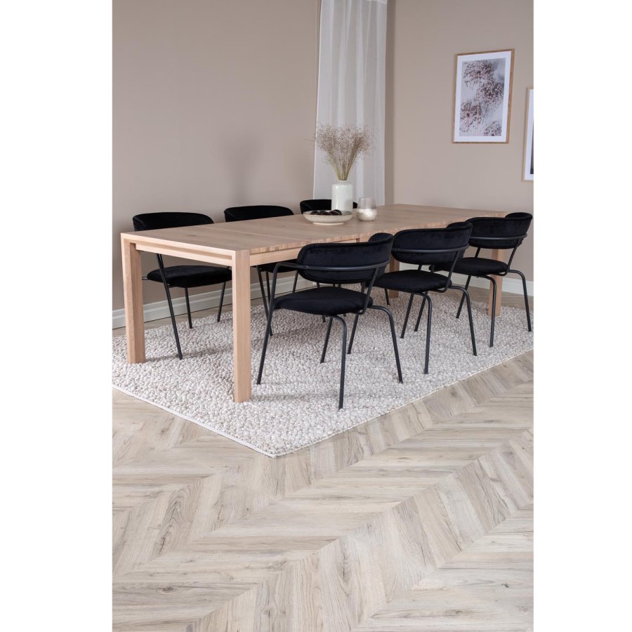 VENTURE DESIGN Slider spisebordsst, m. 6 stole - hvidvasket egefiner/eg og sort fljl/sort metal