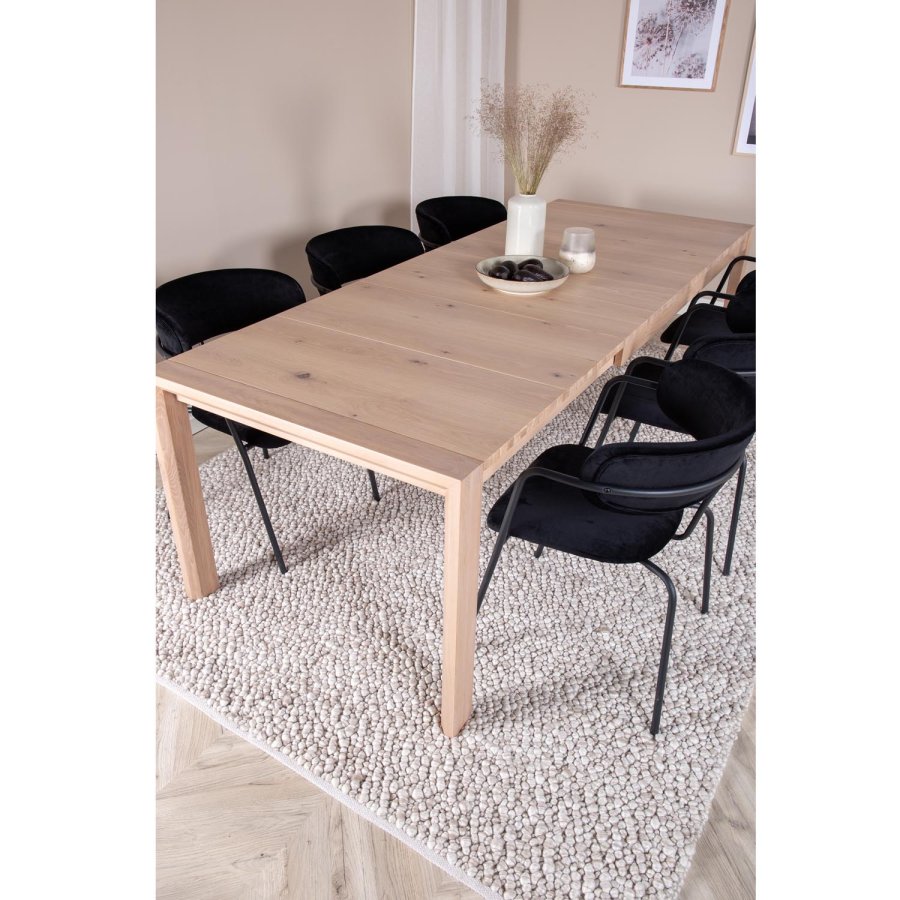 VENTURE DESIGN Slider spisebordsst, m. 6 stole - hvidvasket egefiner/eg og sort fljl/sort metal