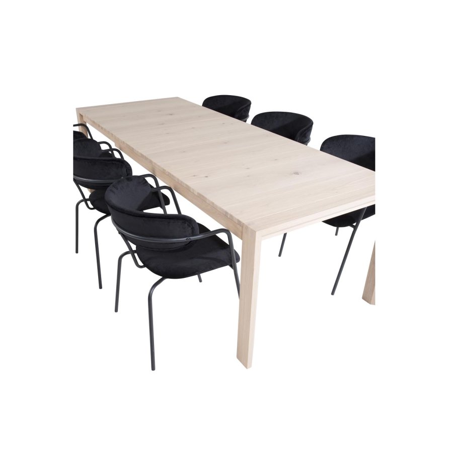 VENTURE DESIGN Slider spisebordsst, m. 6 stole - hvidvasket egefiner/eg og sort fljl/sort metal