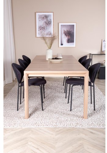 VENTURE DESIGN Slider spisebordsst, m. 6 stole - hvidvasket egefiner/eg og sort fljl/sort metal