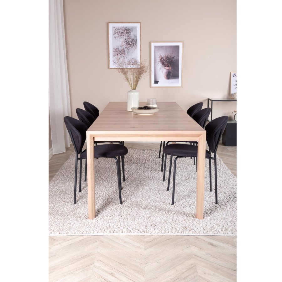 VENTURE DESIGN Slider spisebordsst, m. 6 stole - hvidvasket egefiner/eg og sort fljl/sort metal