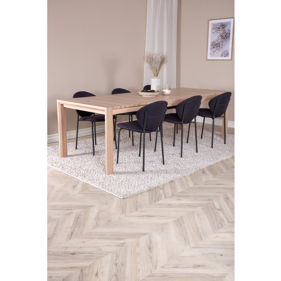VENTURE DESIGN Slider spisebordsst, m. 6 stole - hvidvasket egefiner/eg og sort fljl/sort metal