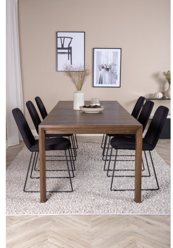 VENTURE DESIGN Slider spisebordsst, m. 6 stole - smoked egefiner/eg og sort stof/sort metal