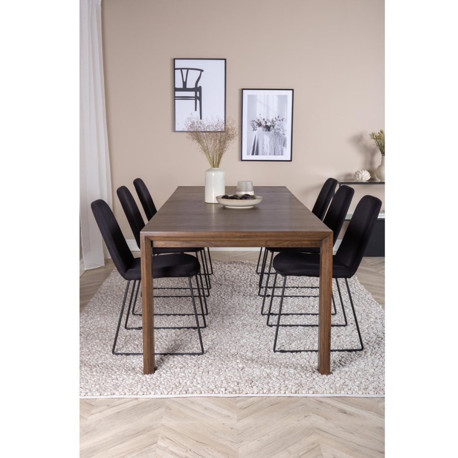 VENTURE DESIGN Slider spisebordsst, m. 6 stole - smoked egefiner/eg og sort stof/sort metal