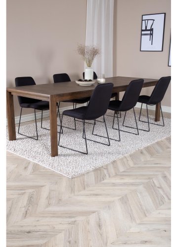 VENTURE DESIGN Slider spisebordsst, m. 6 stole - smoked egefiner/eg og sort stof/sort metal