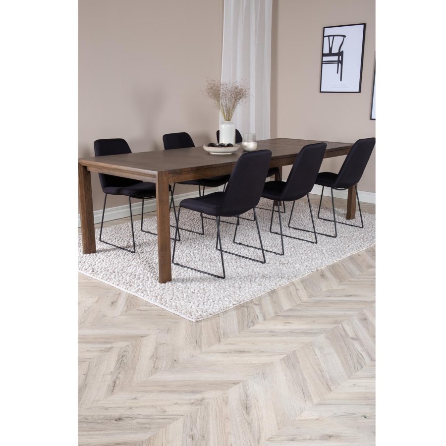 VENTURE DESIGN Slider spisebordsst, m. 6 stole - smoked egefiner/eg og sort stof/sort metal