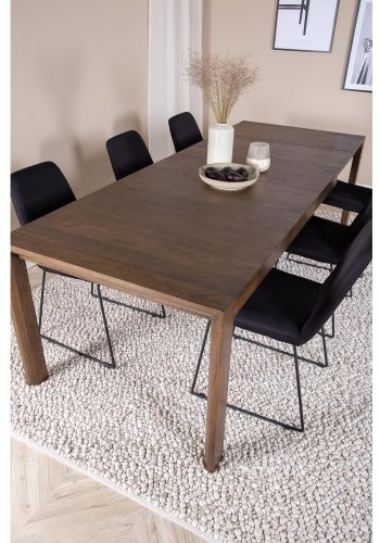 VENTURE DESIGN Slider spisebordsst, m. 6 stole - smoked egefiner/eg og sort stof/sort metal