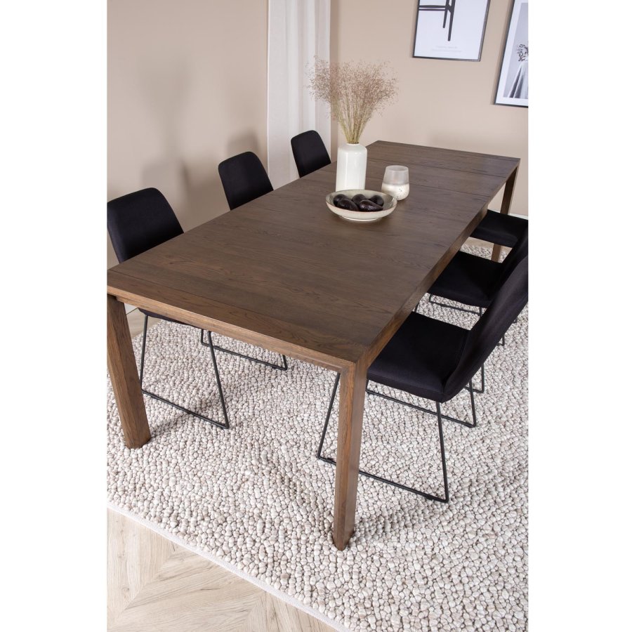 VENTURE DESIGN Slider spisebordsst, m. 6 stole - smoked egefiner/eg og sort stof/sort metal