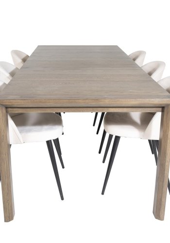VENTURE DESIGN Slider spisebordsst, m. 6 stole - smoked egefiner/eg og beige fljl/sort metal