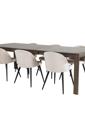 VENTURE DESIGN Slider spisebordsst, m. 6 stole - smoked egefiner/eg og beige fljl/sort metal