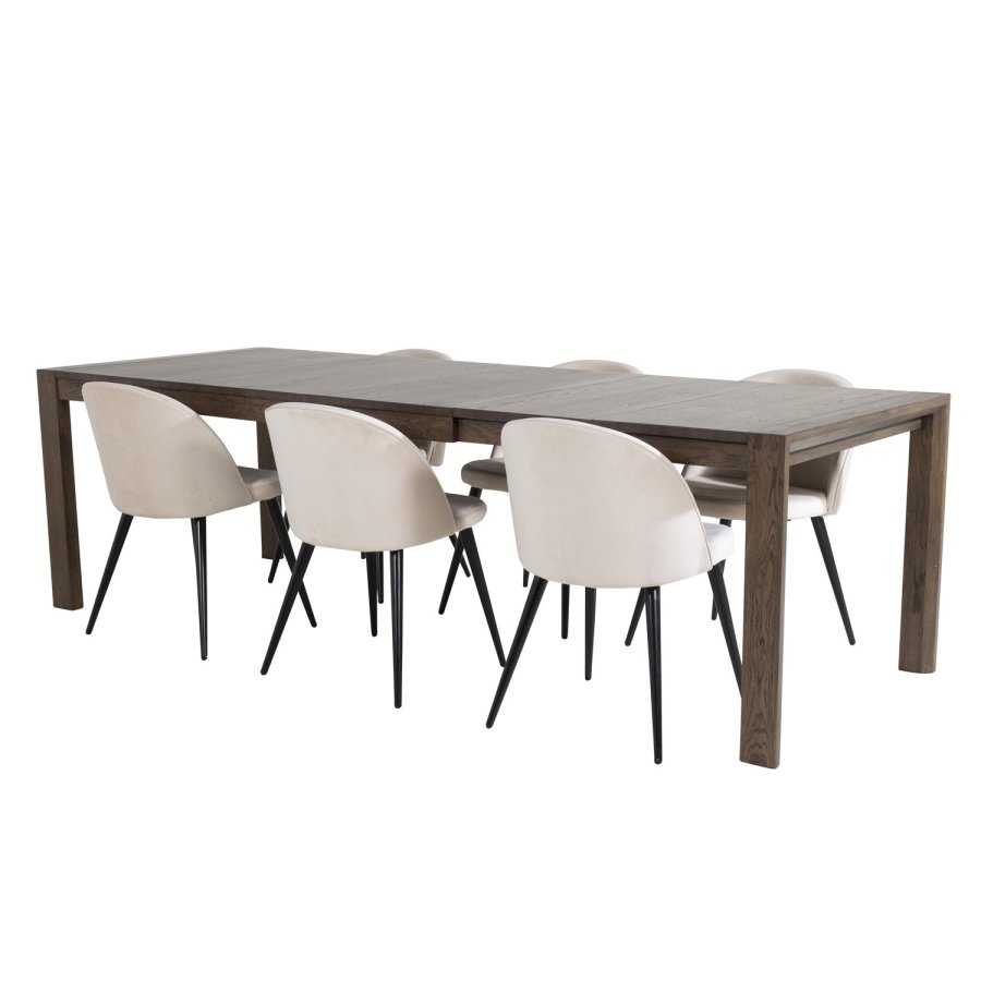 VENTURE DESIGN Slider spisebordsst, m. 6 stole - smoked egefiner/eg og beige fljl/sort metal