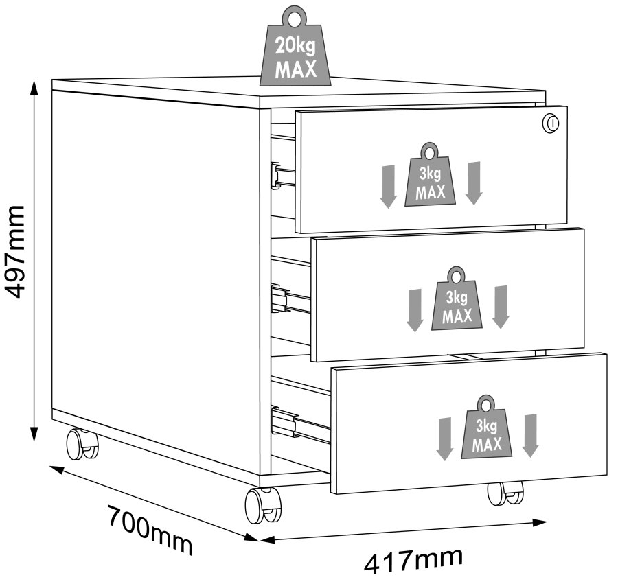 VCM NORDIC Salia T 70 arkivskab, lsbar, m. 3 skuffer og hjul - hvid og natur tr