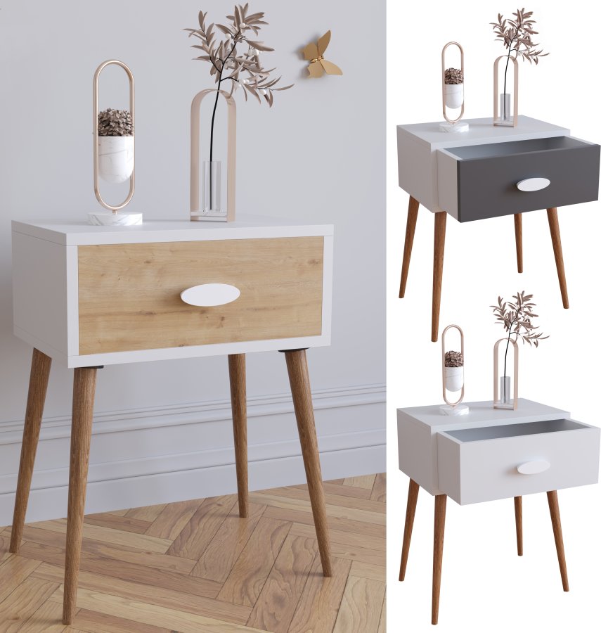 VCM NORDIC Singol L sengebord, m. 1 skuffe - hvid og natur tr (44,5x30)