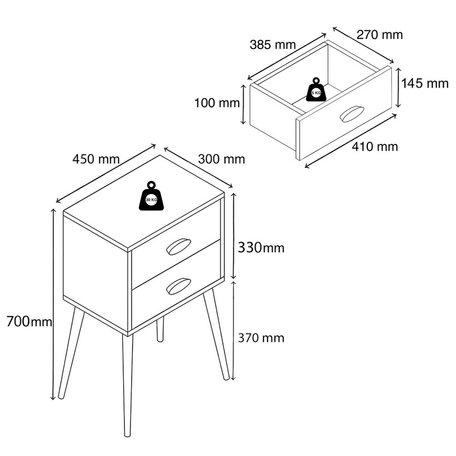 VCM NORDIC Singol XXL sengebord, m. 2 skuffer - hvid tr (45x30)