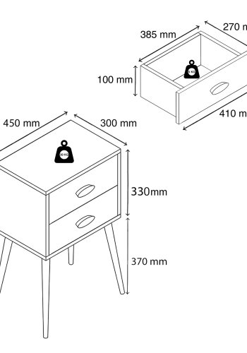 VCM NORDIC Singol XXL sengebord, m. 2 skuffer - hvid/natur tr (45x30)