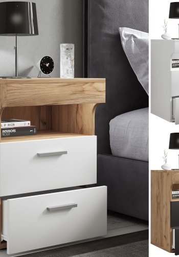 VCM NORDIC Slepal L sengebord, m. 1 rum, 2 skuffer - hvid og natur tr (45x39)