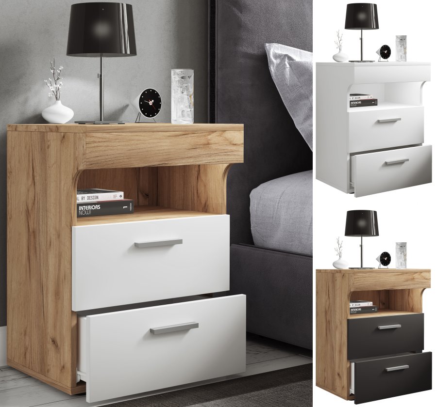 VCM NORDIC Slepal L sengebord, m. 1 rum, 2 skuffer - hvid og natur tr (45x39)