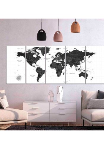 ARTGEIST stort verdenskort i sort og hvid - Black and White Map, 5-delt - flere strrelser