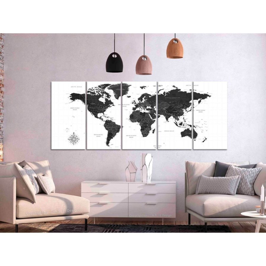 ARTGEIST stort verdenskort i sort og hvid - Black and White Map, 5-delt - flere strrelser