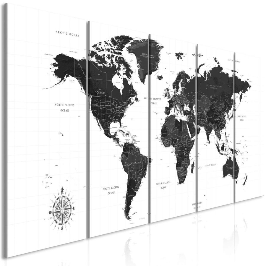 ARTGEIST stort verdenskort i sort og hvid - Black and White Map, 5-delt - flere strrelser