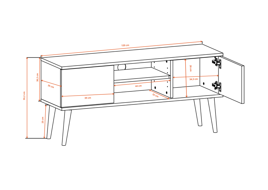 KOCOT RTV Toronto TV-bord, m. 2 lger og 1 hylde - gr bgetr (120x35)