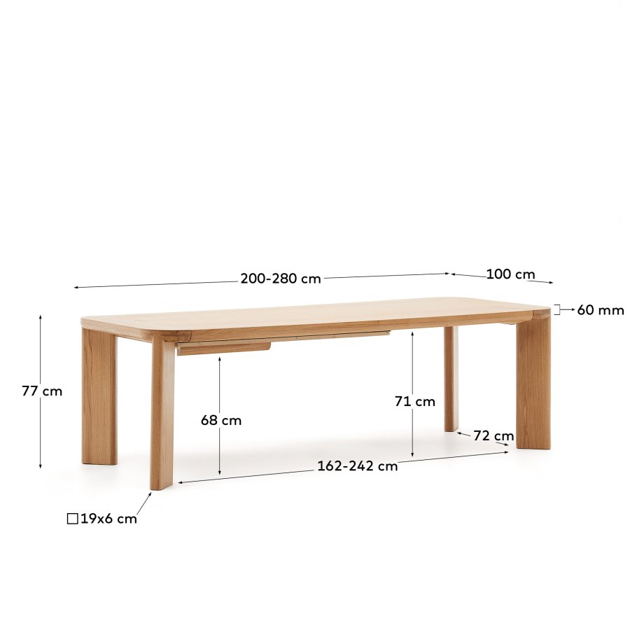 KAVE HOME Jondal udtrksbord lavet af massivt tr og egefiner, 200 (280) cm x 100 cm FSC 100%