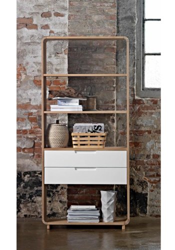 UNIQUE FURNITURE Amalfi reol, m. 2 skuffer - hvid MDF og hvidolieret egfinér/eg