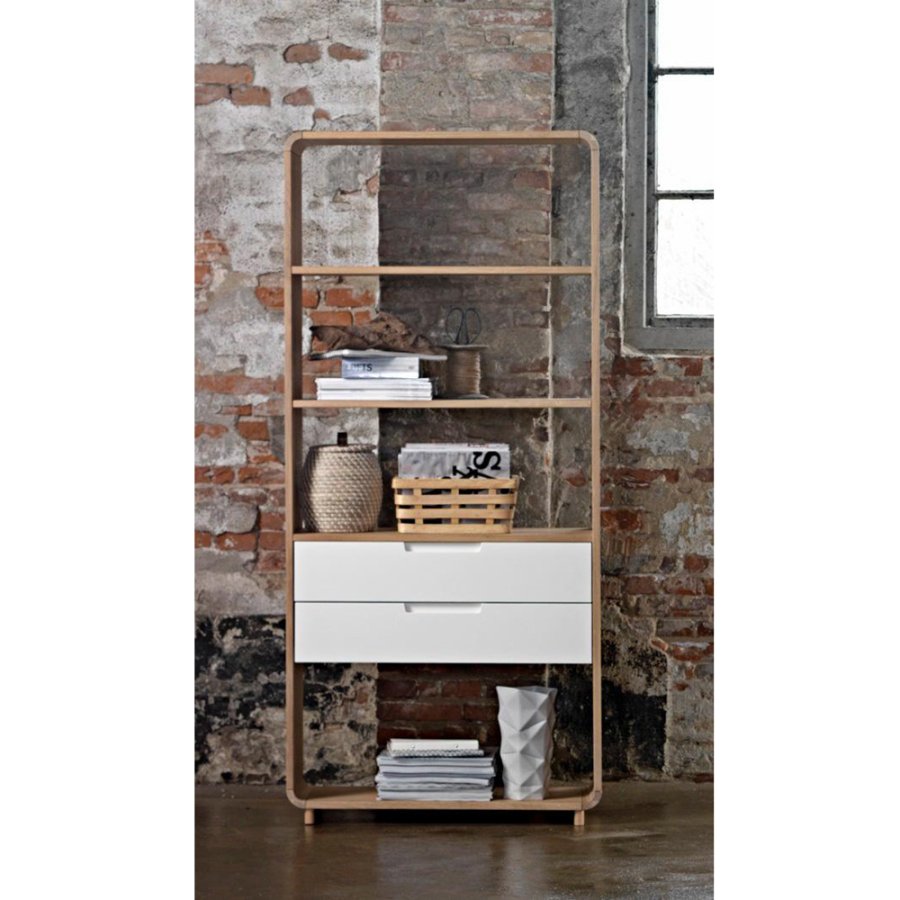 UNIQUE FURNITURE Amalfi reol, m. 2 skuffer - hvid MDF og hvidolieret egfinér/eg