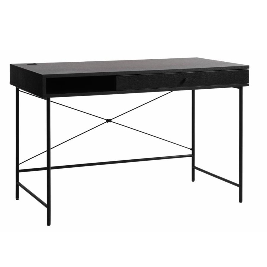 UNIQUE FURNITURE Pensacola skrivebord, m. 1 rum og 1 skuffe - sort melamin og sort metal (120x60)