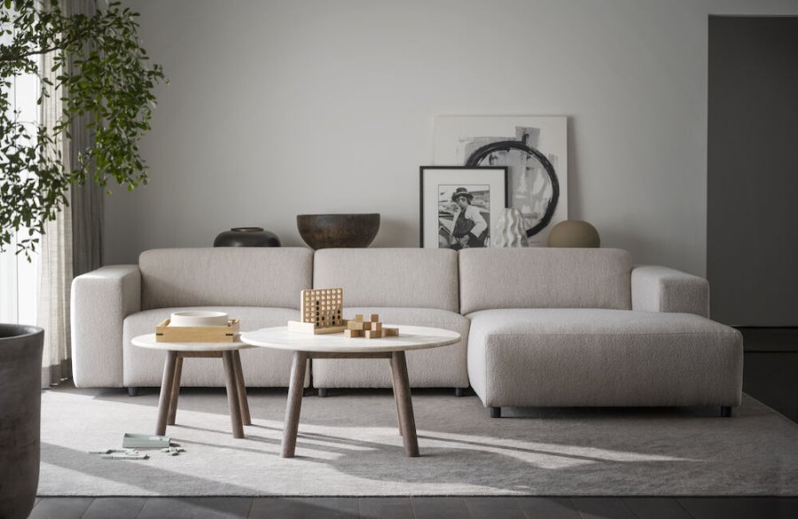 ROWICO Taransay sofabord, rund - beige travertin og brun eg (90)