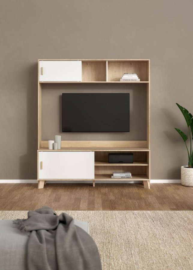 TVILUM Ikast TV-vg med 2 skydedre, Jackson Hickory/Hvid, 158,7 x 48,35 x 180,9 cm