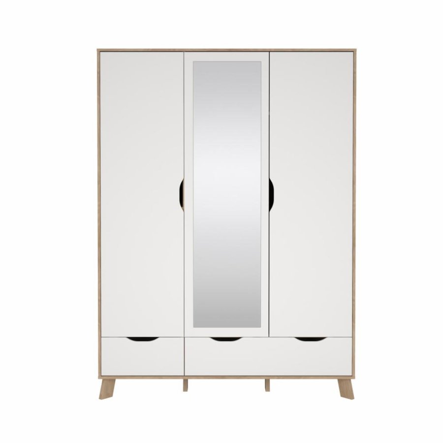 TVILUM Ikast Garderobeskab med 2 dre + 1 spejldr + 2 skuffer, Jackson Hickory/Hvid, 147,2 x 58,1 x 201 cm