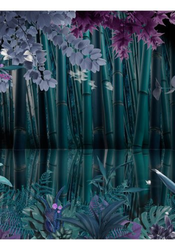 ARTGEIST fototapet - Mysterious night, bambus og blomster i mrke farver (flere strrelser)