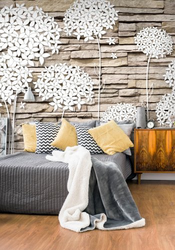 ARTGEIST fototapet - Flowers on the Stone, hvide blomster p mursten (flere strrelser)