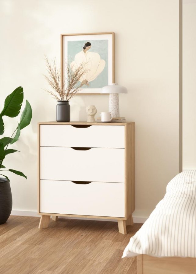 TVILUM Ikast Kommode 3 skuffer, Jackson Hickory / Hvid, 78,7 x 39,8 x 92,2 cm