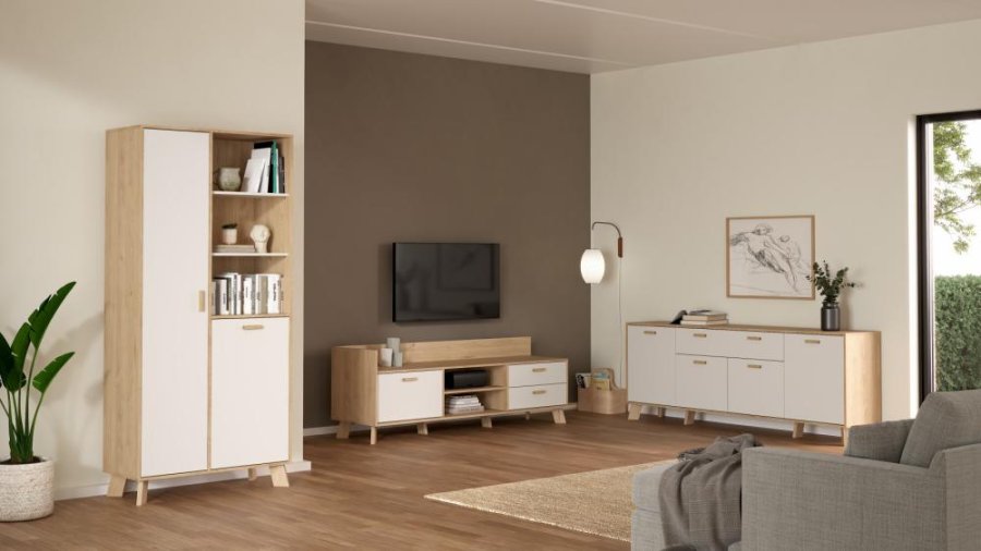 TVILUM Ikast TV-mbel med 1 lge + 2 skuffer, Jackson Hickory/Hvid, 181,9 x 51,2 x 61,6 cm