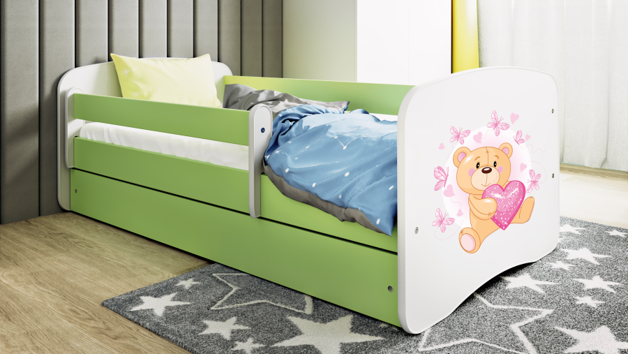 Babydreams juniorseng m bamse/sommerfugle, m. madras, sengehest, skuffe - hvid/grn laminat (180x80)