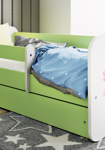 Babydreams juniorseng m bamse/sommerfugle, m. madras, sengehest, skuffe - hvid/grn laminat (140x70)